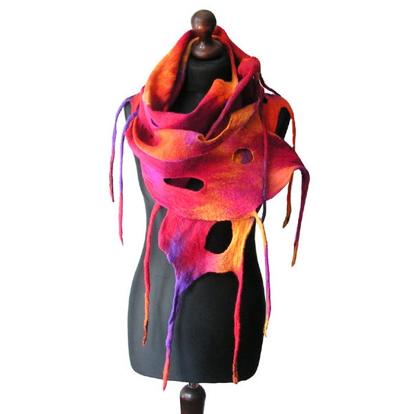 Felted scarf felt scarf felted collar felted multicolor orange yellow red fuchsia purple felt summer boho OOAK