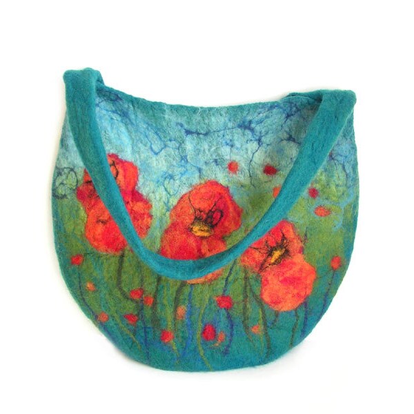 Gefilzte Tasche Filztasche floral Filz Handtasche wolle Tasche Benzin grün orange rote Blume Blumen Herbst Winter Tasche Boho Geschenk OOAK