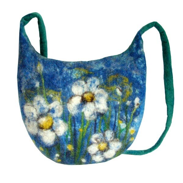 Felted bag floral felt handbag wool  flower flowers petrol blue petrol green white blue boho OOAK