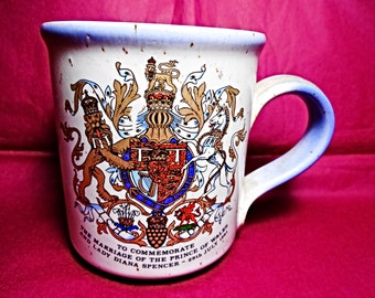 Prince Charles, Lady Diana Spencer, Vintage Grayshott Pottery Mug, 1981 Royal Wedding, Royal Cup, English Mug, Mottled Stoneware Pottery Cup