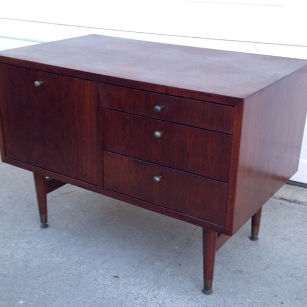 Vintage mid century modern natural walnut desk file drawers storage credenza unit