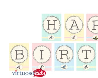 BIRD Party Happy Birthday Banner - Pastel Colors - you print