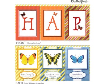 BUTTERFLY Happy Birthday Banner and Educational Butterfly Name Banner - you print