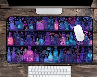 May include: A rectangular desk mat featuring a dark background with three horizontal shelves filled with glowing glass bottles and jars. The containers are illuminated in vibrant shades of neon pink, purple, and blue, containing various botanical elements.