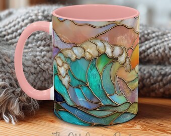 Stained Glass Style Ocean Waves Sunset Mug Coastal Sea Art Coffee Cup