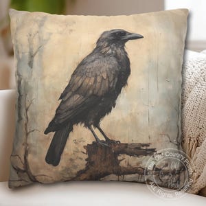 May include: Square decorative pillow featuring a detailed illustration of a black crow perched on a tree stump. The artwork has a vintage, rustic style with a neutral color palette, perfect for home decor.