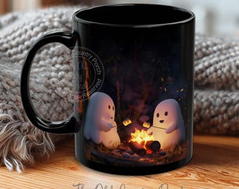Spooky Ghosts Roasting Marshmallows Coffee Mug, Halloween Ceramic Cup