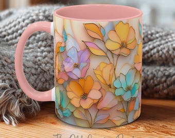 Stained Glass Style Pastel Floral Ceramic Coffee Mug