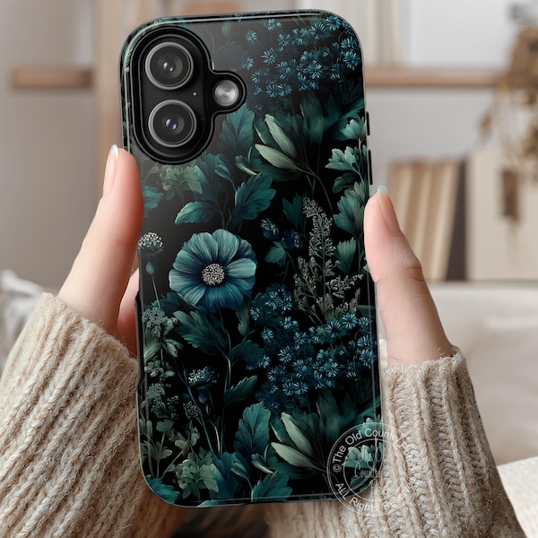 Dark Teal Moody Floral Gothic Botanical Tough Phone Case