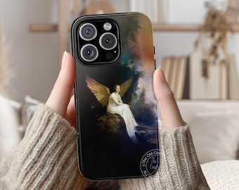 May include: Black phone case featuring a classical painting of an angel with golden wings, wearing a white gown, and seated on a rock. The case has a glossy finish and a black border. The Old Country All Rights Reserved logo is visible.