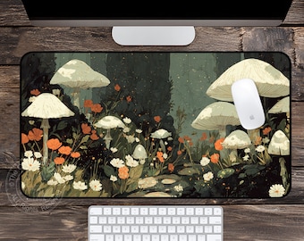 May include: A rectangular mouse pad featuring a whimsical forest scene with large mushrooms, orange and white flowers, and a path. A white mouse rests on the pad. The color palette includes greens, browns, and off-white.