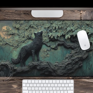 May include: A rectangular mouse pad featuring a detailed relief of a howling wolf under a full moon. The wolf stands on a textured tree branch, with a backdrop of a detailed tree and foliage in shades of green and teal. A white mouse is on the right.