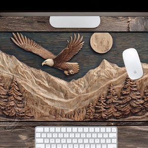 May include: A wooden desk mat featuring a detailed relief carving of an eagle in flight over a mountain range and pine trees. A full moon is in the background. A white computer mouse and keyboard are also visible.