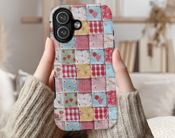 Patchwork Style Strawberry Floral Tough Phone Case - Shabby Chic Coquette