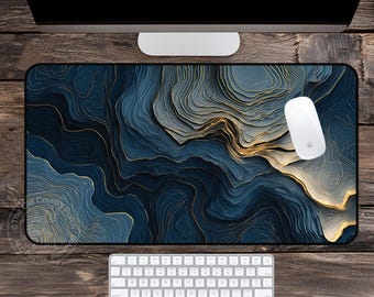 Navy & Gold Topography Desk Mat, Abstract Geometric Mouse Pad