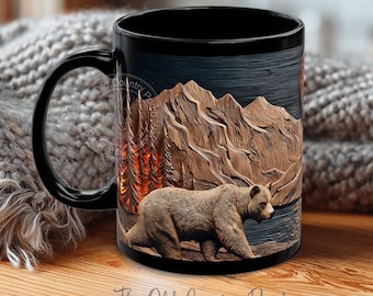 May include: Black ceramic mug featuring a detailed illustration of a brown bear walking in front of a mountain range and a forest. The mug has the text "The Old Country Porch".
