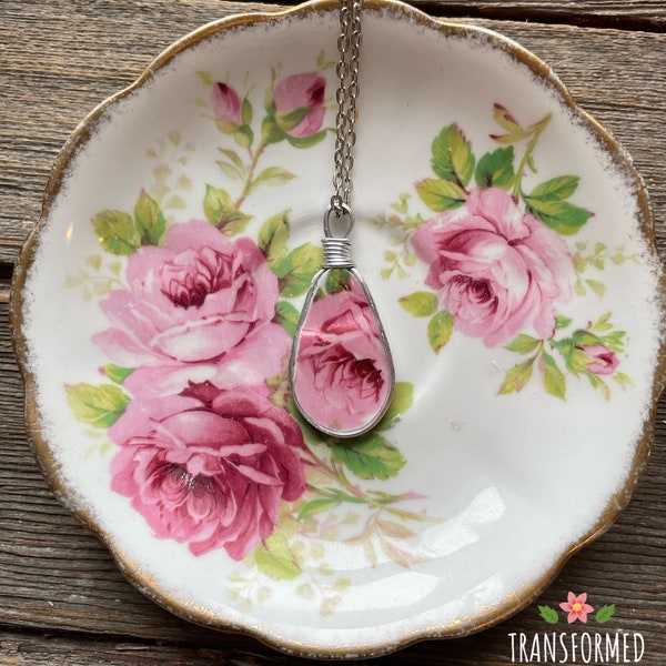 Broken Dishes Necklace - made from Royal Albert  American Beauty , bone china necklace, elegant china pendant - broken china pendant