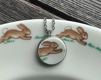 Bunnykins Broken Dishes Necklace - stainless steel setting stainless steel 24” chain,  from broken Bunnykins plate, rabbit necklace, bunny