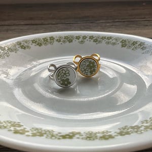 Green Floral Corelle stainless steel  ring - Corelle statement ring made from a broken plate.  Crazy Daisy - Spring Blossom Corelle -