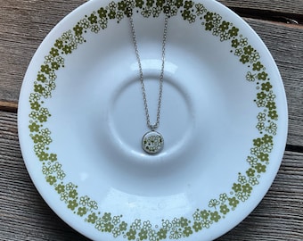 Delicate and small - Green Corelle Broken Dishes Necklace - stainless steel setting stainless steel 18” chain, crazy daisy in stainless