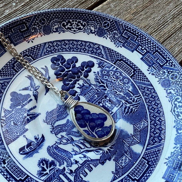 Blue Willow - Broken China Necklace - Blue White - made from a broken plate- broken dishes necklace - elegant and nostalgic jewelry