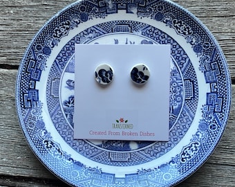 Blue Willow studs - broken china earrings, blue and white button stud earrings made from a broken blue willow plate