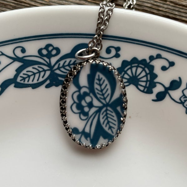 Old Town Blue Vintage Corelle Broken Dishes Necklace - 925 sterling silver setting on an 18” stainless steel chain, broken china necklace