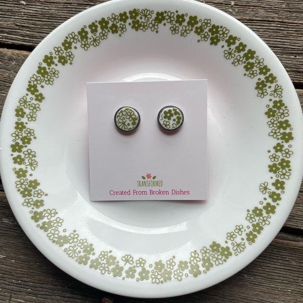 Corelle Stainless Steel Broken China Earrings - created from a broken Corelle Crazy Daisy plate, Spring Blossom, button stud earrings