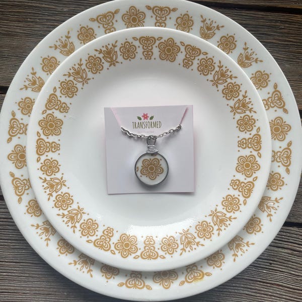 Corelle Broken Dishes Necklace - 2 sizes available, made from broken Golden Butterfly plate,  china necklace, broken china pendant