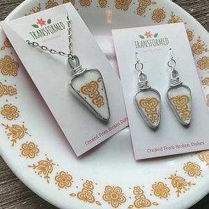 Broken dishes necklace & earrings set- Created from a broken Corelle Golden Butterfly plate - pendant and earring set