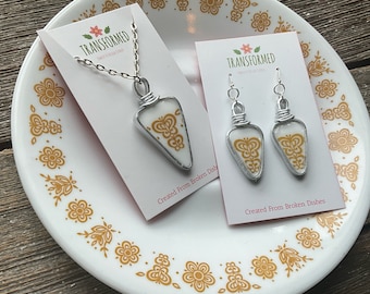 Broken dishes necklace & earrings set- Created from a broken Corelle Golden Butterfly plate - pendant and earring set