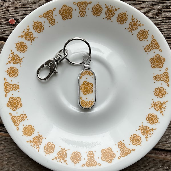 Corelle keychain - made from a Golden Butterfly corelle broken plate, recycled, eco friendly keychains, unique