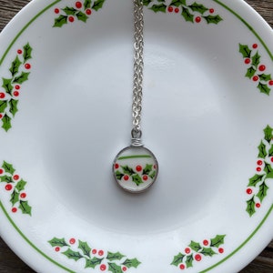 Holly Days Corelle Broken Dishes Necklace - made from broken Christmas  plate, broken china pendant - broken dishes, Holiday necklace