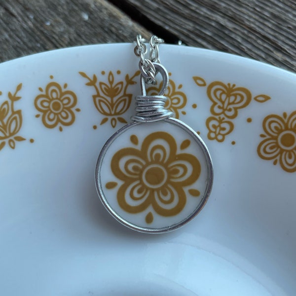 Corelle Broken Dishes Necklace - made from broken Golden Butterfly plate,  china necklace, broken china pendant - broken dishes