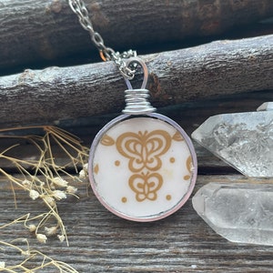 Corelle Broken Dishes Necklace - made from broken Golden Butterfly plate,  china necklace, broken china pendant - broken dishes