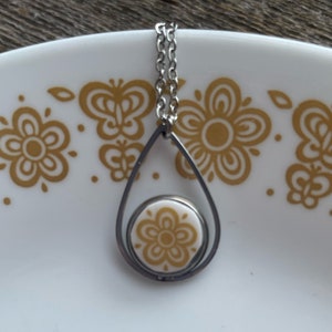 Golden Butterfly - Broken Dishes Necklace - Corelle Golden Butterfly pyrex - stainless steel setting on a 24” stainless steel chain