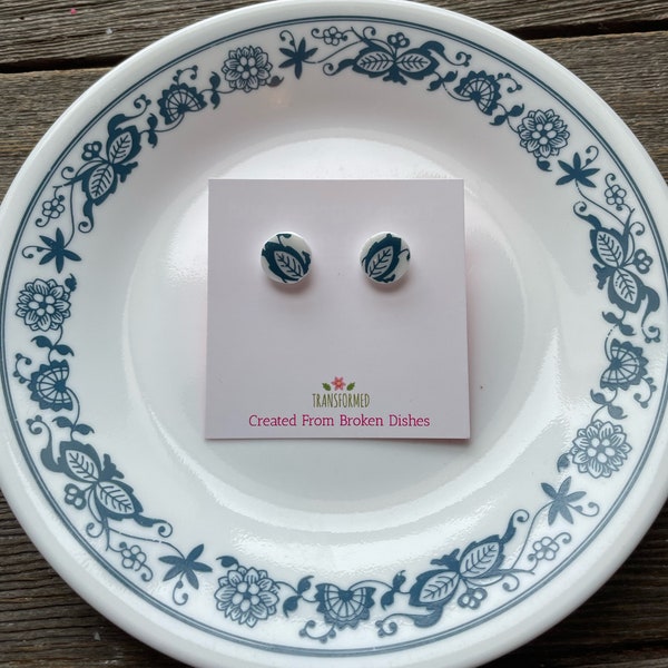 Corelle Broken China Earrings - created from a broken Old Town Blue Corelle plate- button stud earrings - eco Friendly