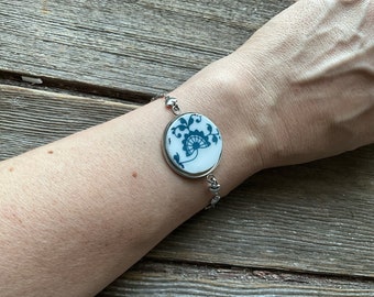 Old Town Blue large broken china bracelet, made from a broken Corelle plate, Corelle Jewelry, Corelle bracelets