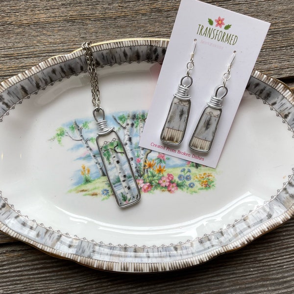 Broken Dishes Necklace and Earring Set - Royal Albert Silver Birch.  Matching necklace with earrings made from a broken plate