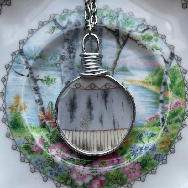 Silver Birch Broken Dishes Necklace - made from Royal Albert Silver Birch dish, bone china necklace, elegant china pendant - Eco Friendly