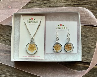 Broken dishes necklace & earrings set- Created from a broken Corelle Golden Butterfly plate - pendant and earring set