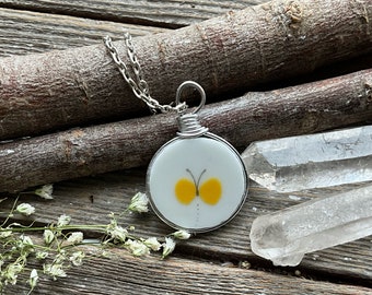 Butterfly necklace, broken china necklace, yellow necklace created from a broken plate