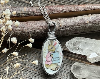 Broken dishes necklace - The World of Beatrix Potter - nostalgic necklace made from a broken plate - Benjamin Bunny - rabbit necklace