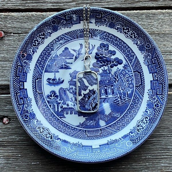 Blue Willow - Broken China Necklace - Blue White - made from a broken plate- broken dishes necklace - elegant and nostalgic jewelry