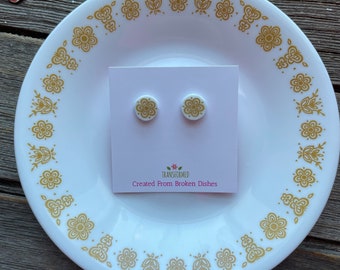 Corelle Broken China Earrings - created from a broken Golden Butterfly Corelle plate- button stud earrings - eco Friendly