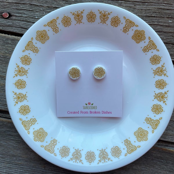 Corelle Broken China Earrings - created from a broken Golden Butterfly Corelle plate- button stud earrings - eco Friendly