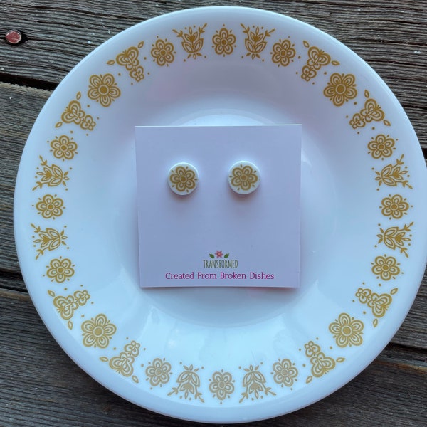 Corelle Golden Butterfly Earrings: Upcycled China Button Stud earrings - created from broken dishes - unique memory filled jewelry