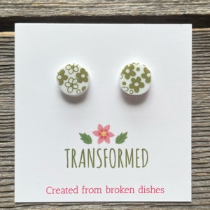 Corelle Broken China Earrings - created from a broken Corelle Crazy Daisy plate, Spring Blossom, button stud earrings - eco Friendly