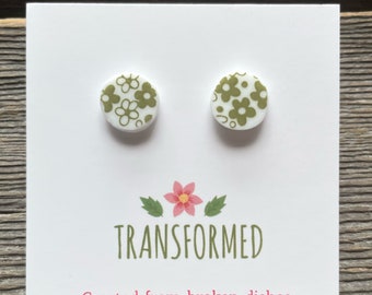 Corelle Broken China Earrings - created from a broken Corelle Crazy Daisy plate, Spring Blossom, button stud earrings - eco Friendly