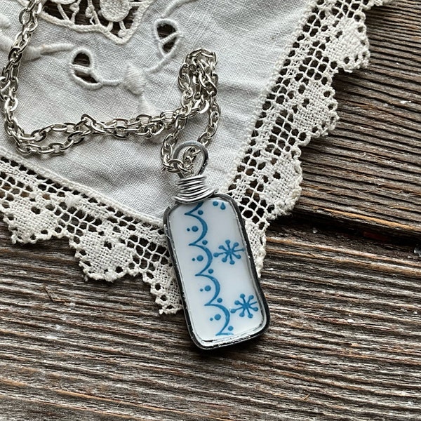 Corelle Broken Dishes Necklace - made from broken Snowflake Garland Blue plate,  china necklace, broken dishes